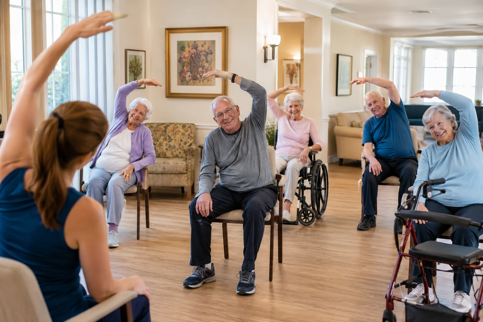 Seniors in chair exercise class supporting mind and body health